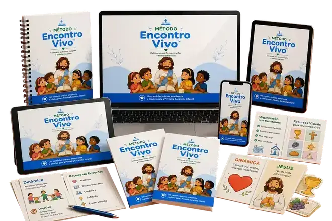 Kit Método Encontro Vivo em notebook, tablet, celular e materiais impressos